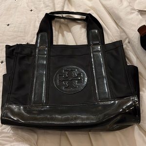 Tory Burch black nylon & patent medium sized tote bag